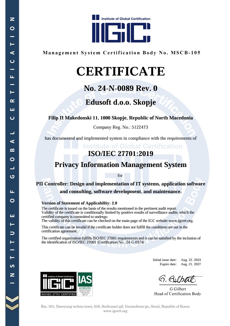 ISO 27701 certificate
